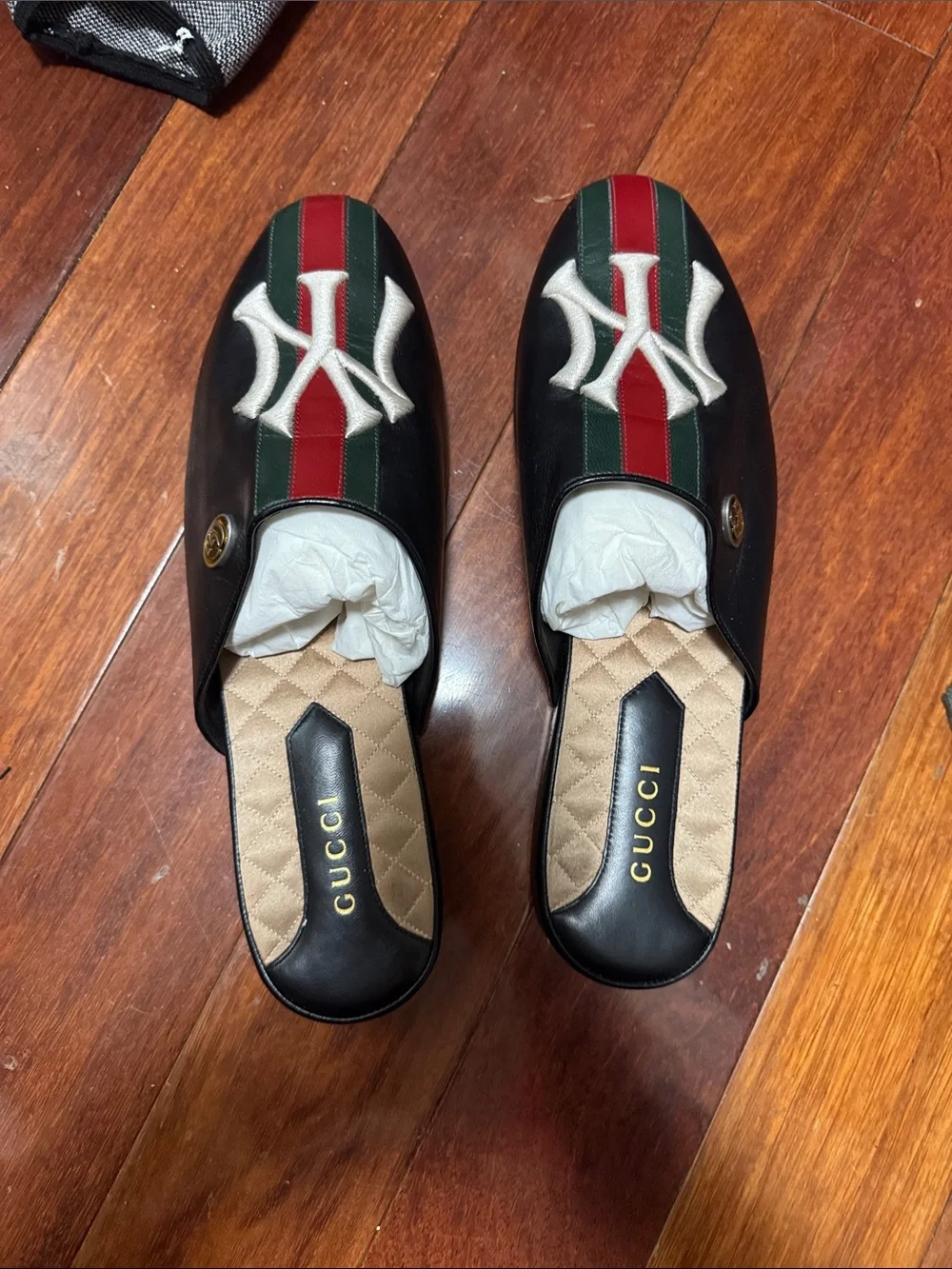 Gucci Black Leather Slip-On Mules with Red & Green Stripe and White Logo